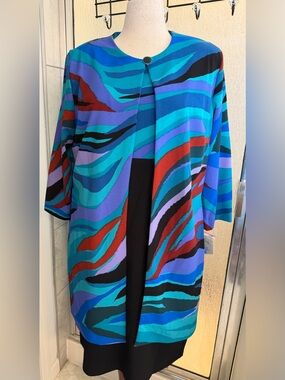 Danny & Nicole Black/Blu/Teal Jacket Dress with Red Abstract Size 18 NWT $45